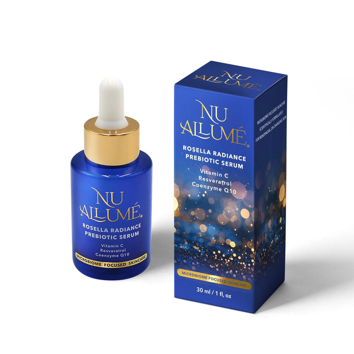 A bottle of Nu Allumé Rosella Radiance Prebioti Serum and box
