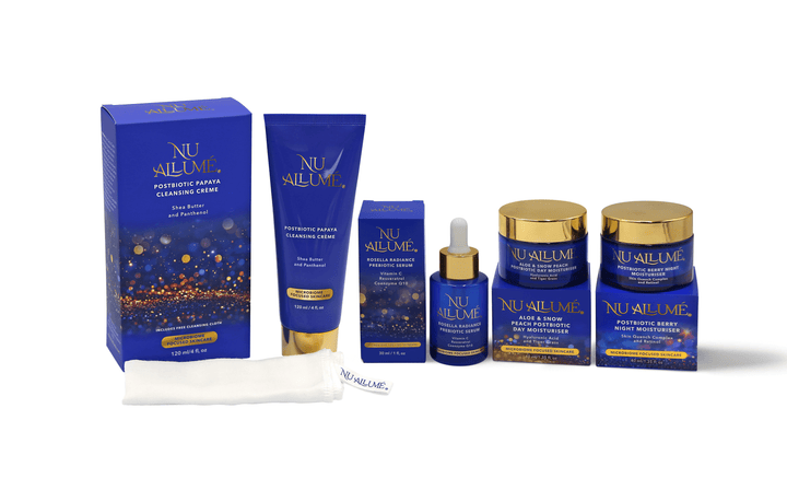 Nu Allumé - The One and Only Bundle features a complete menopause skincare set with postbiotic cleanser, prebiotic serum, and postbiotic moisturisers for healthy menopausal skin.