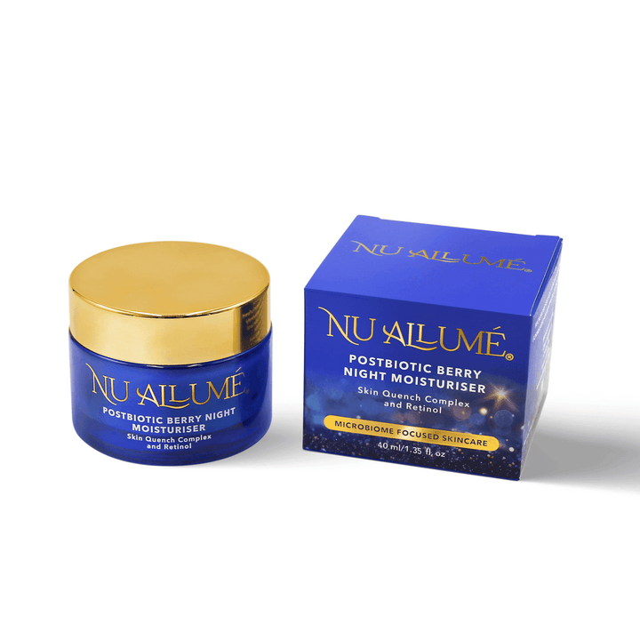 Blue jar and box of Nu Allume Postbiotic Berry Night Moisturizer on a white background